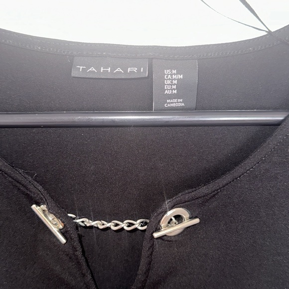 Black Tahari, medium blouse, silver chain design in front 95% polyester - Picture 2 of 8